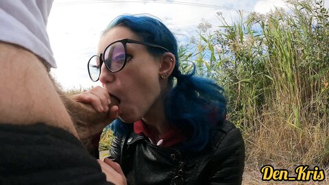 Cutie With Butt Plug And Jacket Glasses With Blue Hair Loves To Have Se