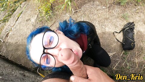 Cutie With Butt Plug And Jacket Glasses With Blue Hair Loves To Have Se