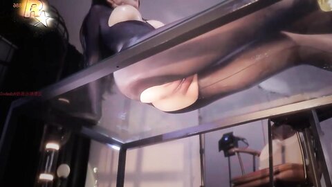 One-piece crotchless black stockings, frantic masturbation on a slutty pussy