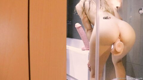 Hot Girl Fucking A Dildo Stuck To The Shower Door