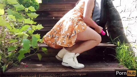 Shaved Asian Pussy With Big Clit Masturbates At The Outdoor Steps And G