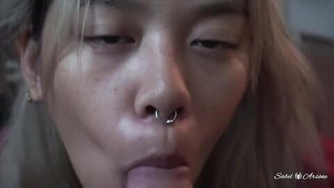 Asian teen Sabel serving white daddy’s cock