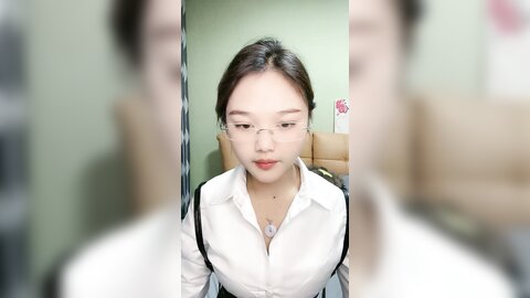 气质眼镜甜妹，性格活泼，白衬衣小尺度诱惑，脱光光掰开小穴