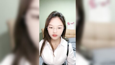 气质眼镜甜妹，性格活泼，白衬衣小尺度诱惑，脱光光掰开小穴