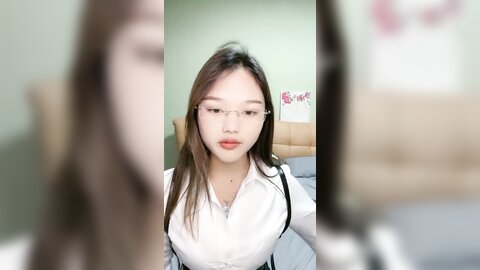 气质眼镜甜妹，性格活泼，白衬衣小尺度诱惑，脱光光掰开小穴