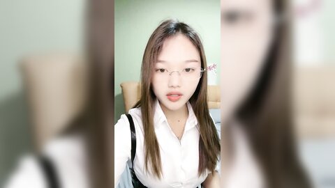 气质眼镜甜妹，性格活泼，白衬衣小尺度诱惑，脱光光掰开小穴