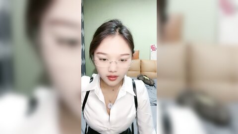 气质眼镜甜妹，性格活泼，白衬衣小尺度诱惑，脱光光掰开小穴