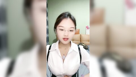 气质眼镜甜妹，性格活泼，白衬衣小尺度诱惑，脱光光掰开小穴