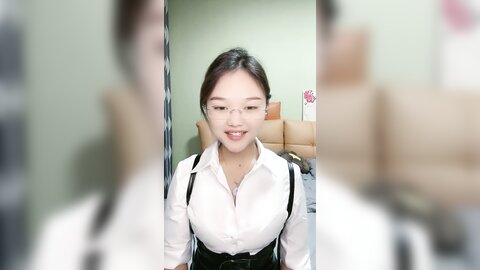 气质眼镜甜妹，性格活泼，白衬衣小尺度诱惑，脱光光掰开小穴