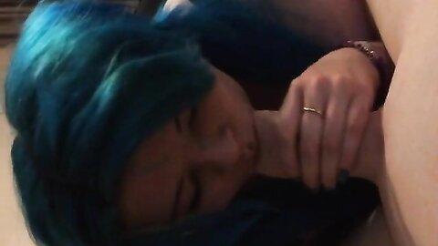 Blue Haired Teen Bitch Sucking On A Big Fat Cock