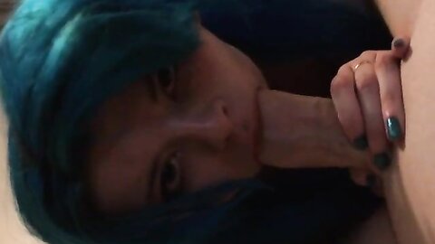 Blue Haired Teen Bitch Sucking On A Big Fat Cock