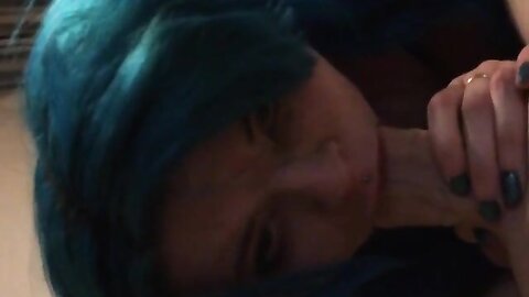 Blue Haired Teen Bitch Sucking On A Big Fat Cock