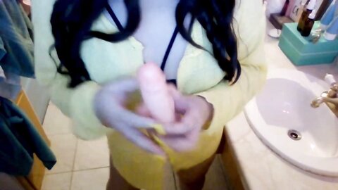 Asian Girl Enjoying A Thick Hotdog With A Lot Of Mustard Everywhere Mas