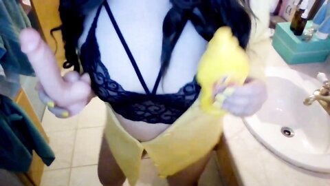 Asian Girl Enjoying A Thick Hotdog With A Lot Of Mustard Everywhere Mas