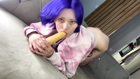 Cutie Bends Over On The Couch With A Realistic Dildo
