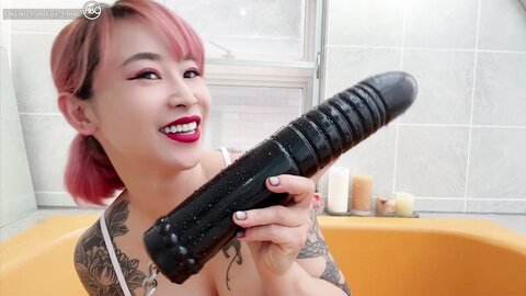 Japanese Babe With Full Body Tattoo Masturbates Anal With Huge Dildo