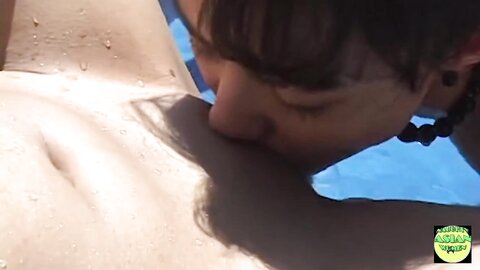 A Couple Of Horny Asian Lesbian Brunettes Lick Each Other In The Pool
